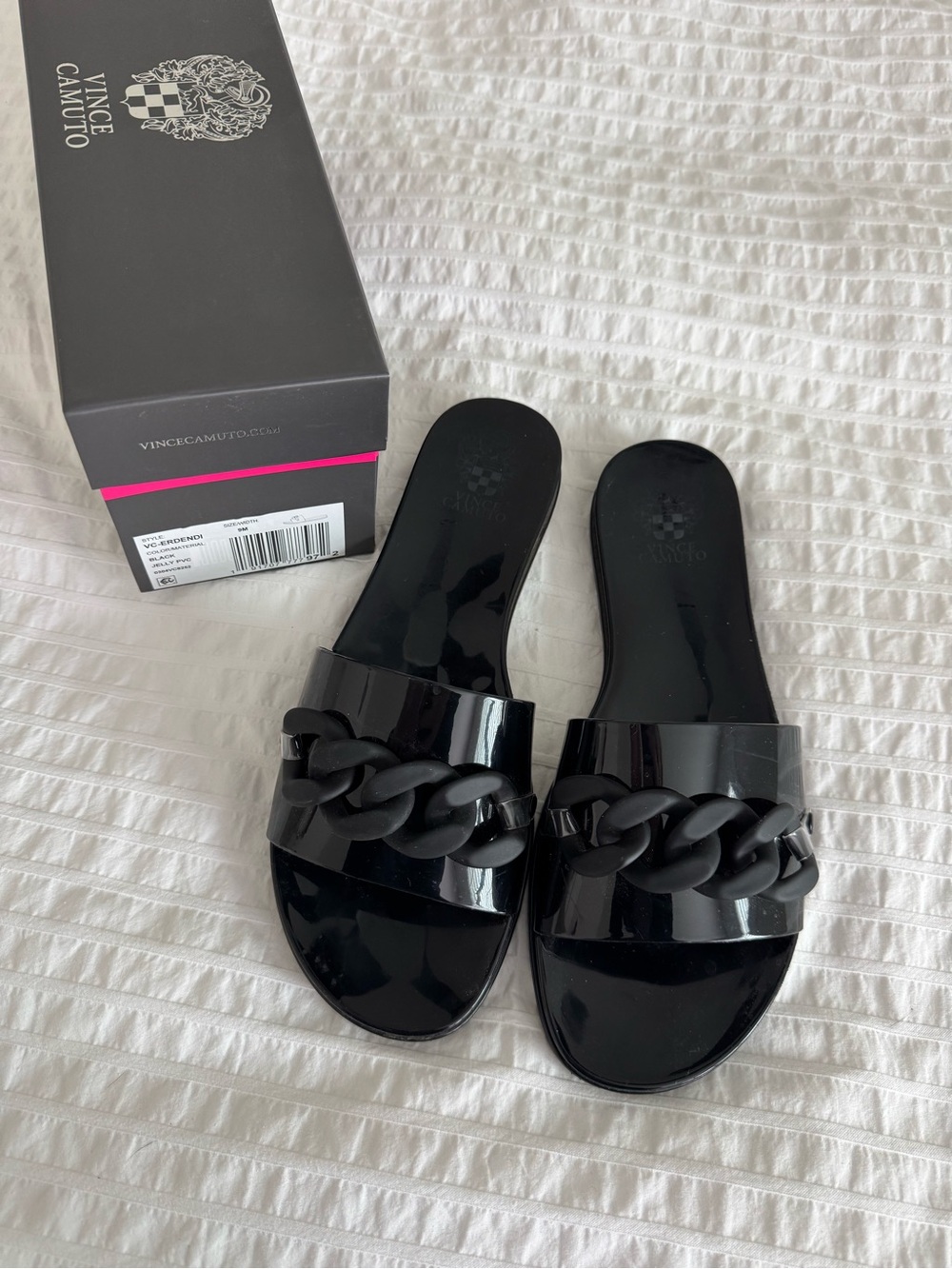 Vince Camuto Black Gloss Chain-Link Slide Sandals